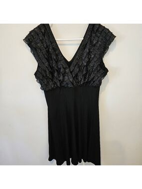 CONNECTED APPAREL BLACK FLARE DRESS WITH A RUFFLED SHIMMERY TOP SIZE 12